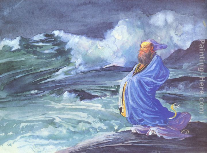 A Rishi calling up a Storm, Japanese folklore painting - John LaFarge A Rishi calling up a Storm, Japanese folklore art painting
